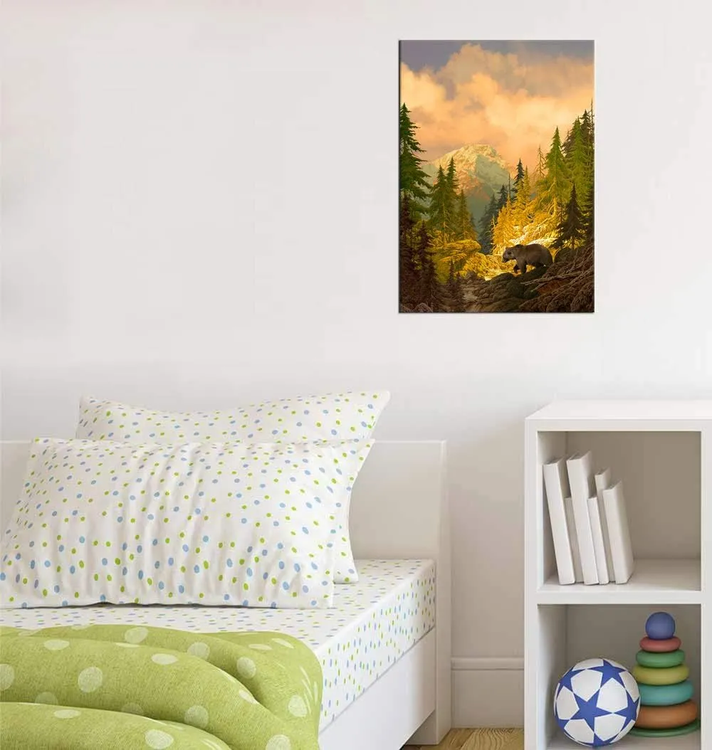 arteWOODS Nature Canvas Wall Art Grizzly Bear in Rocky Mountain Forest Pictures for Wall Decor Autumn Landscape Canvas Painting Fall Scenery Prints Artwork for Home Office Decoration 24 x 36in