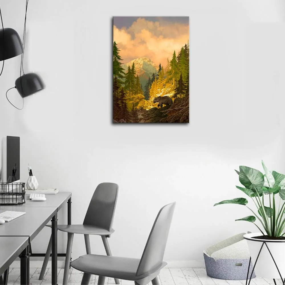 arteWOODS Nature Canvas Wall Art Grizzly Bear in Rocky Mountain Forest Pictures for Wall Decor Autumn Landscape Canvas Painting Fall Scenery Prints Artwork for Home Office Decoration 24 x 36in