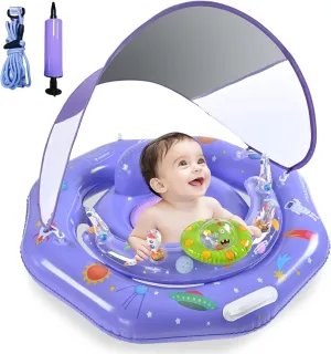 Baby Pool Float with Canopy, UPF50  Sun Protection Infant Pool Float with Safe Handle & Leash Design, Portable Baby Float with Interactive Toy Console for Ages 6-24 Months Infant&Babies,Infant Floatie
