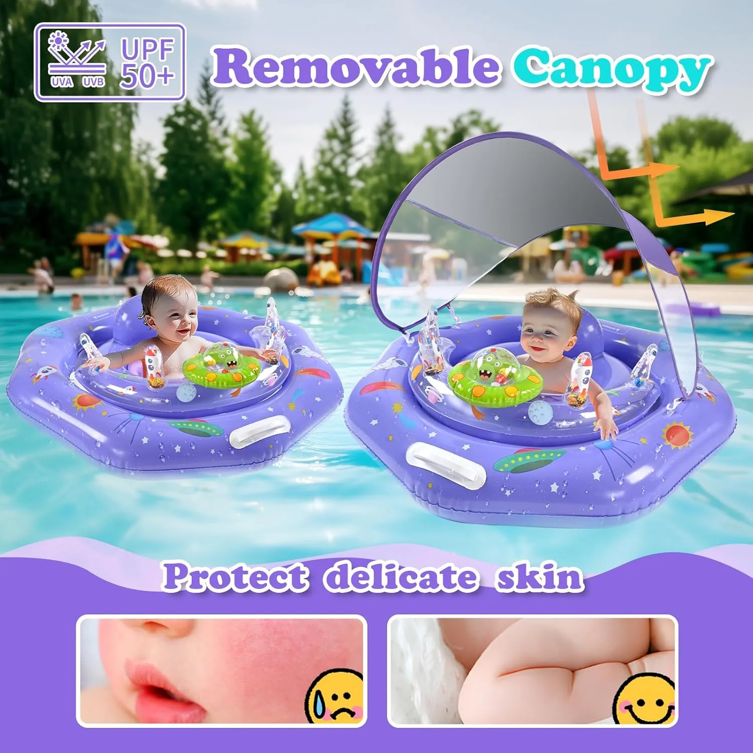 Baby Pool Float with Canopy, UPF50  Sun Protection Infant Pool Float with Safe Handle & Leash Design, Portable Baby Float with Interactive Toy Console for Ages 6-24 Months Infant&Babies,Infant Floatie