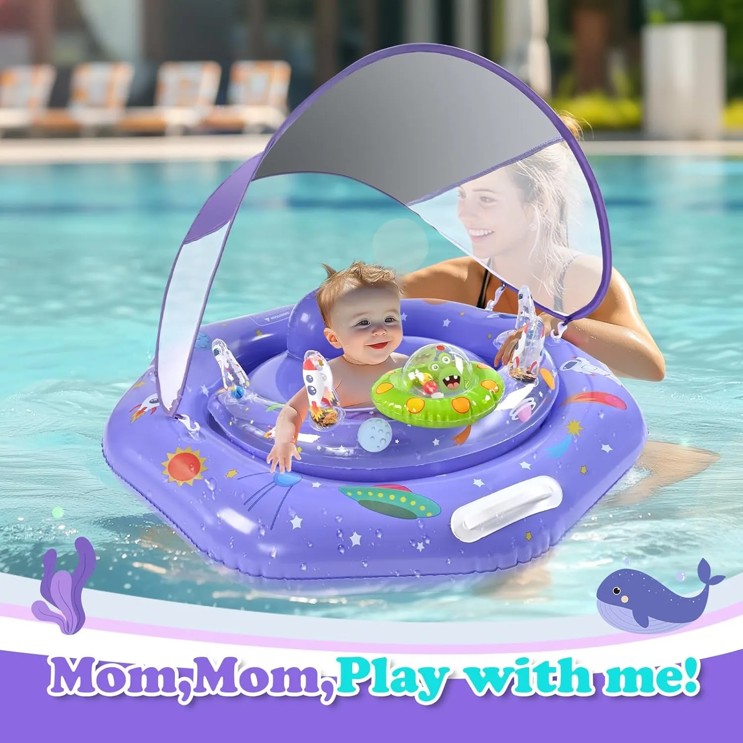 Baby Pool Float with Canopy, UPF50  Sun Protection Infant Pool Float with Safe Handle & Leash Design, Portable Baby Float with Interactive Toy Console for Ages 6-24 Months Infant&Babies,Infant Floatie
