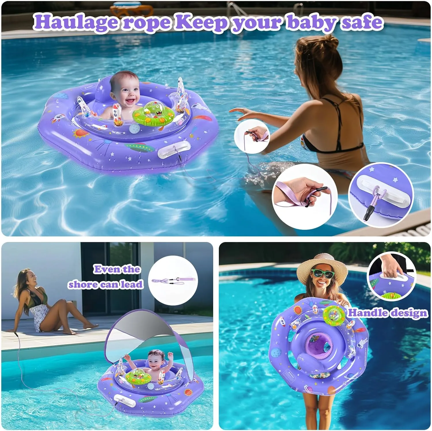Baby Pool Float with Canopy, UPF50  Sun Protection Infant Pool Float with Safe Handle & Leash Design, Portable Baby Float with Interactive Toy Console for Ages 6-24 Months Infant&Babies,Infant Floatie