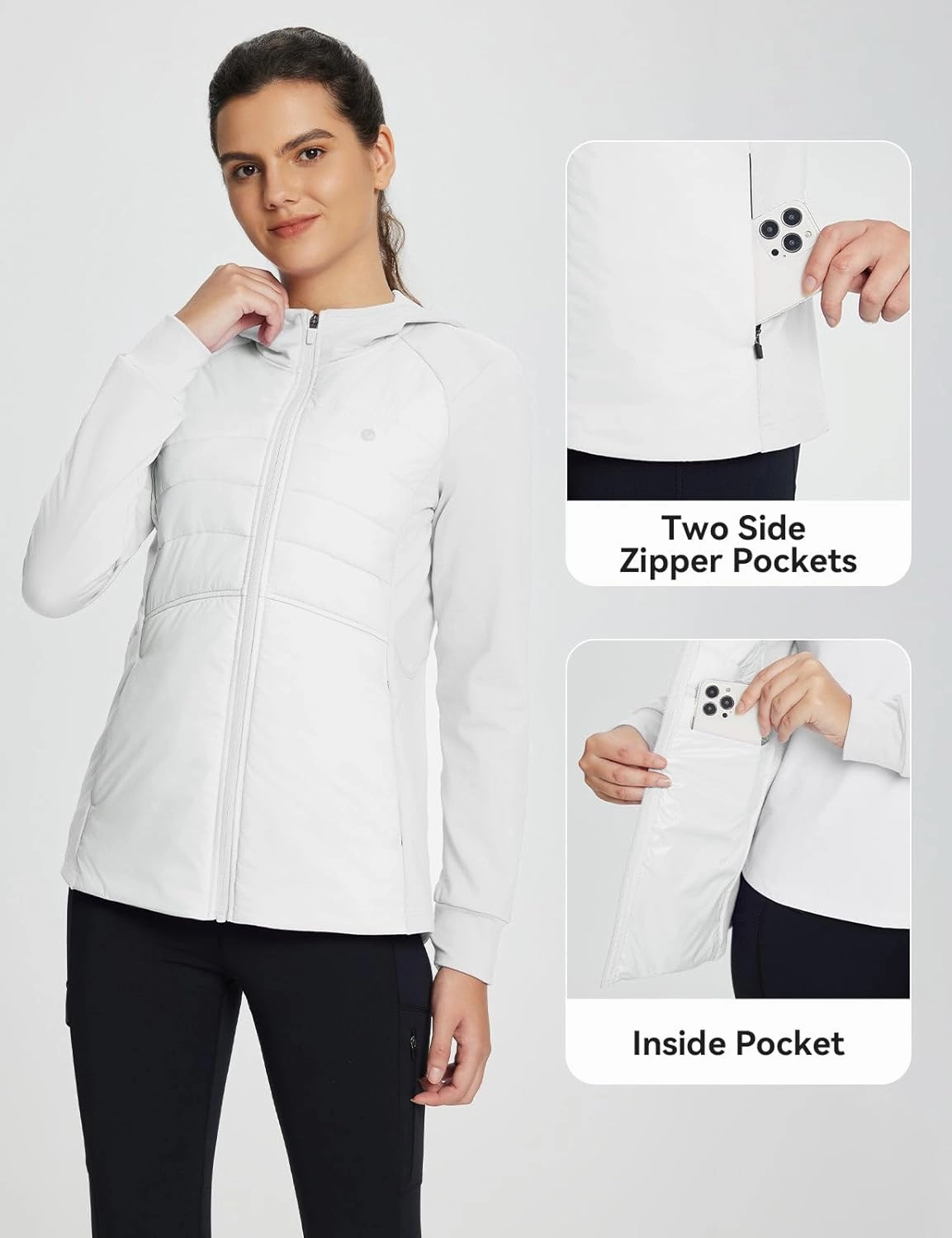 baleaf Women's Running Winter Jacket with Hood Warm Lightweight Insulated Hybrid Jackets Puffer Zip Pockets Hiking Skiing