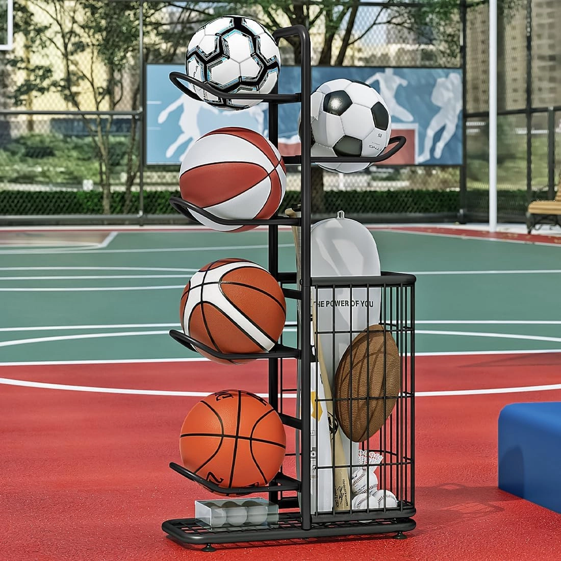 Ball Storage Basketball Rack Organizer Sports Equipment Garage Stand 6 Tier for Football Volleyball Soccer Indoor Outdoor, Black
