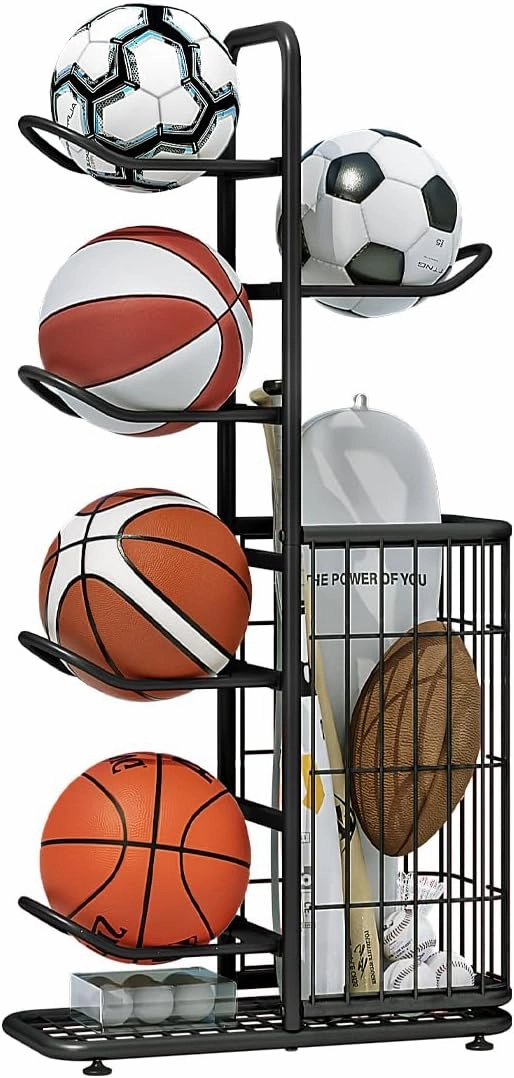 Ball Storage Basketball Rack Organizer Sports Equipment Garage Stand 6 Tier for Football Volleyball Soccer Indoor Outdoor, Black