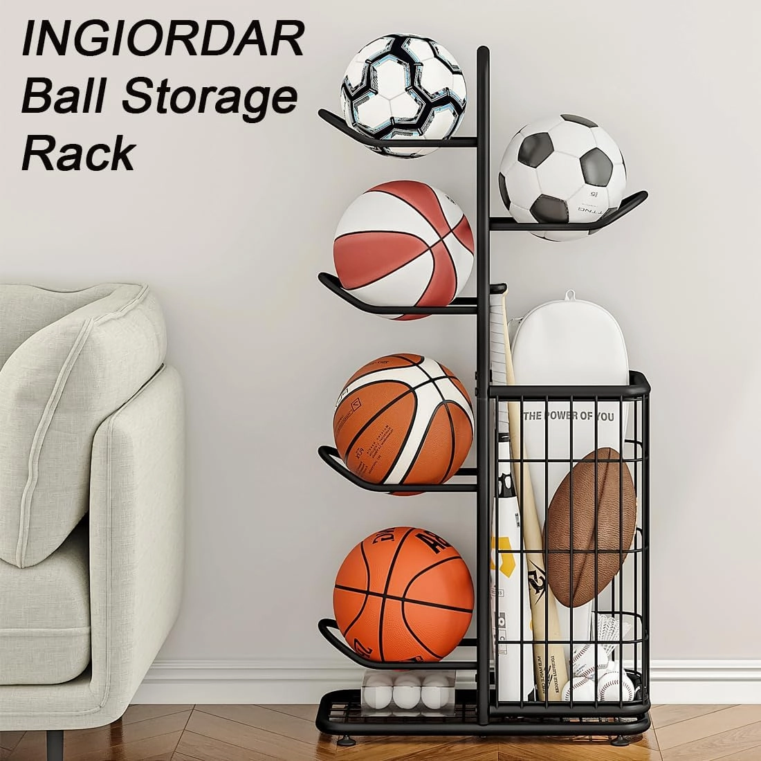 Ball Storage Basketball Rack Organizer Sports Equipment Garage Stand 6 Tier for Football Volleyball Soccer Indoor Outdoor, Black