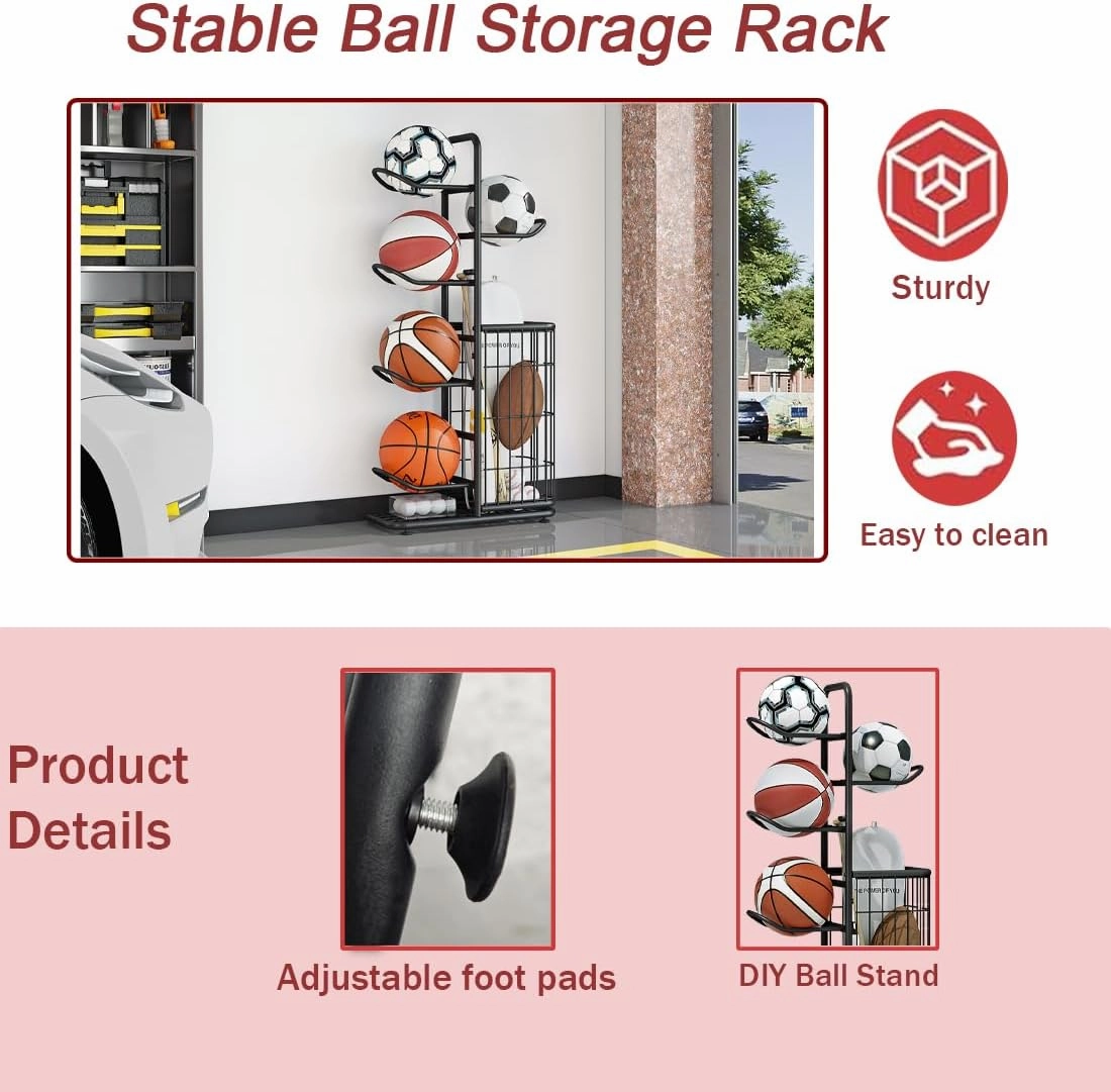 Ball Storage Basketball Rack Organizer Sports Equipment Garage Stand 6 Tier for Football Volleyball Soccer Indoor Outdoor, Black