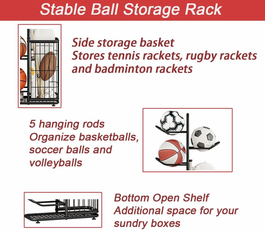 Ball Storage Basketball Rack Organizer Sports Equipment Garage Stand 6 Tier for Football Volleyball Soccer Indoor Outdoor, Black