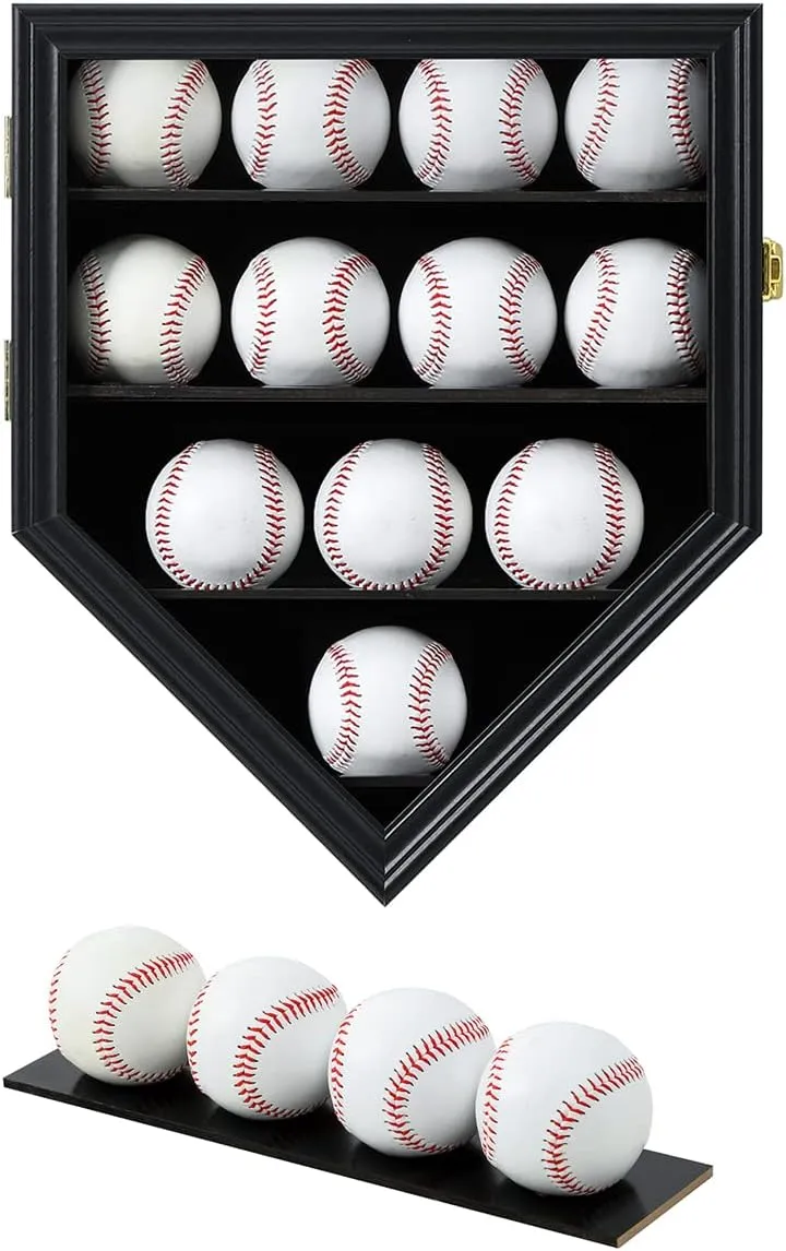 Baseball Display Frame Case Baseball Shadow Box Wall Cabinet Baseball Holders for 12 Balls Display with Lockable Anti Fade UV Protection Acrylic Door for Homerun and Collector Autograph Balls, Black
