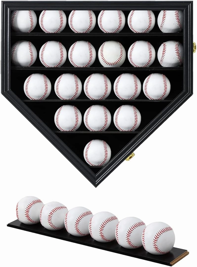 Baseball Display Frame Case Baseball Shadow Box Wall Cabinet Baseball Holders for 21 Balls Display with Lockable Anti Fade UV Protection Acrylic Door for Homerun and Collector Autograph Balls, Black