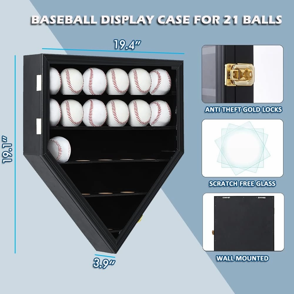Baseball Display Frame Case Baseball Shadow Box Wall Cabinet Baseball Holders for 21 Balls Display with Lockable Anti Fade UV Protection Acrylic Door for Homerun and Collector Autograph Balls, Black