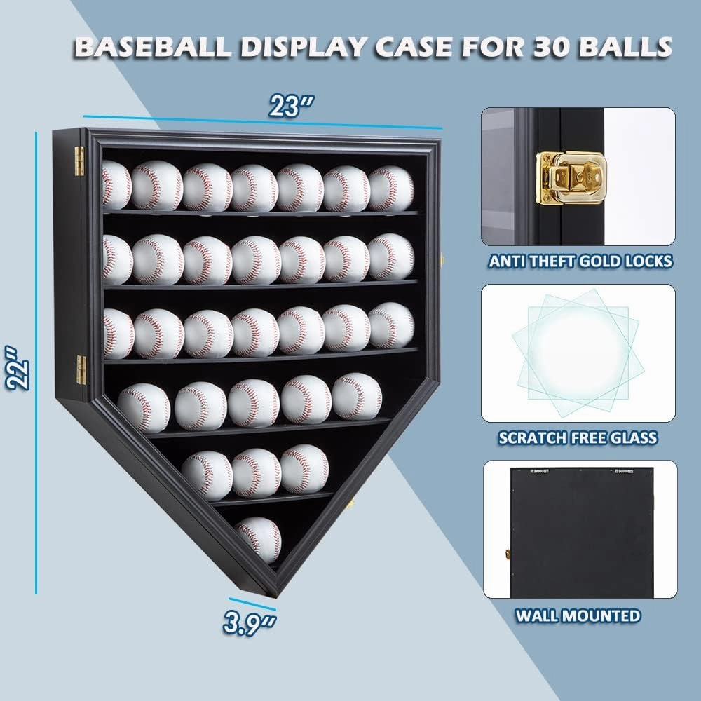 Baseball Display Frame Case Baseball Shadow Box Wall Cabinet Baseball Holders for 30 Balls Display with Lockable Anti Fade UV Protection Acrylic Door for Homerun and Collector Autograph Balls, Black