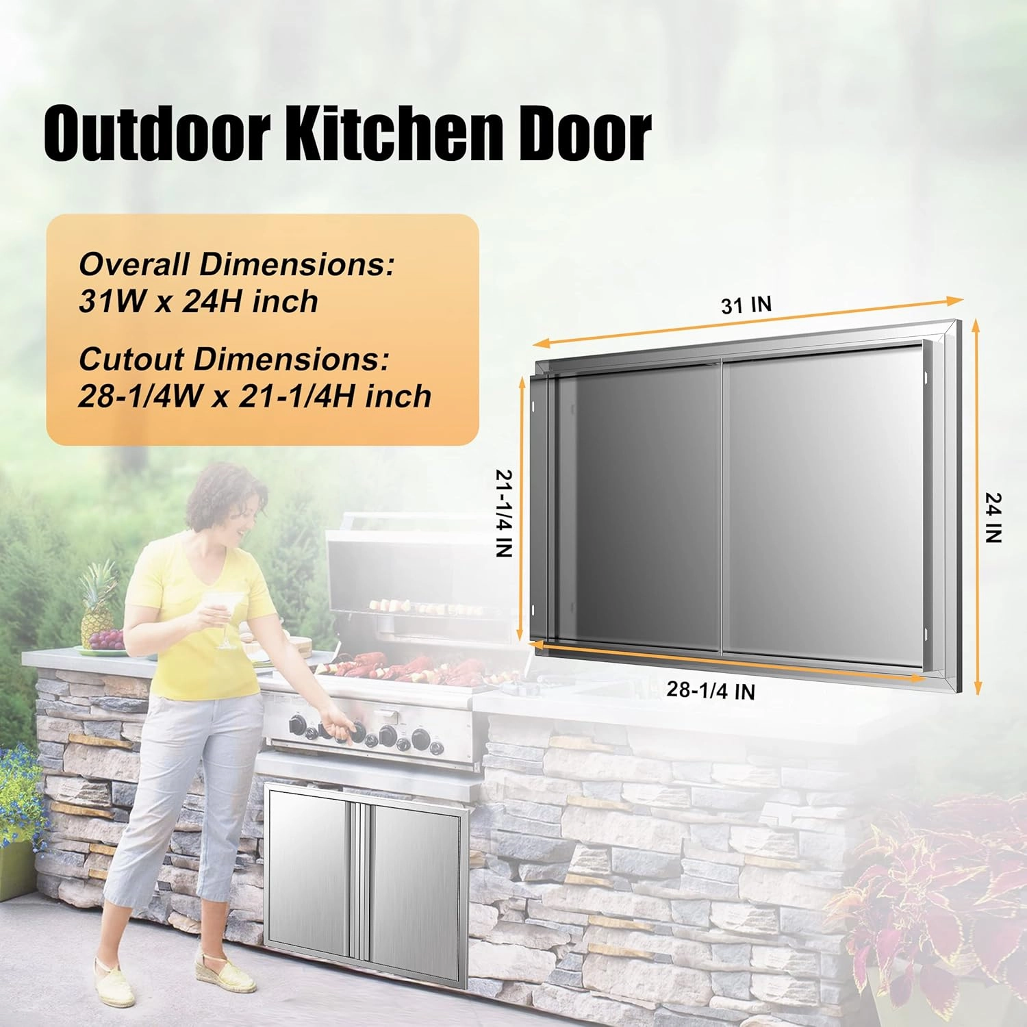 BBQ Access Double Doors 31Wx24H, Flush Mount Stainless Steel Outdoor Kitchen Door with Recessed Handle for Outside Cabinets and BBQ Island