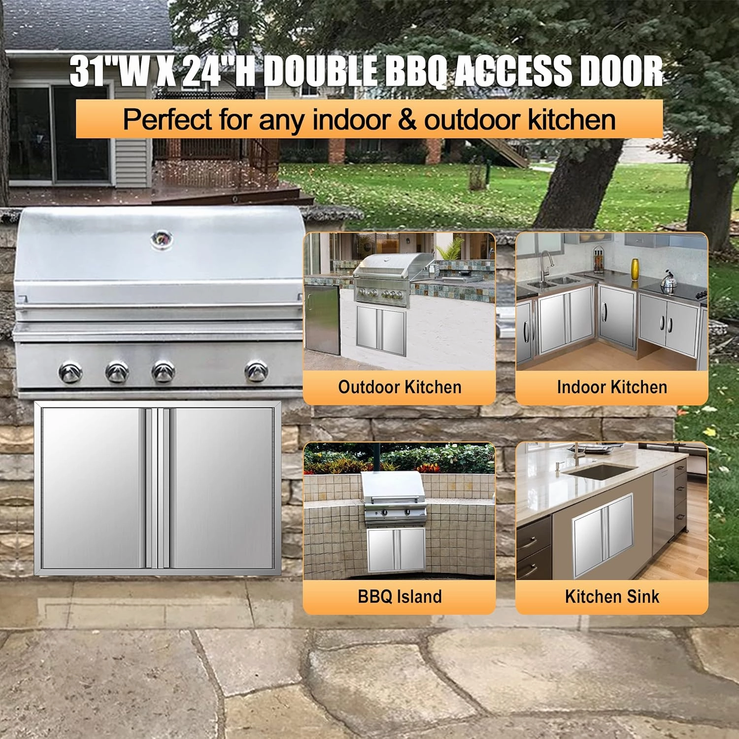 BBQ Access Double Doors 31Wx24H, Flush Mount Stainless Steel Outdoor Kitchen Door with Recessed Handle for Outside Cabinets and BBQ Island