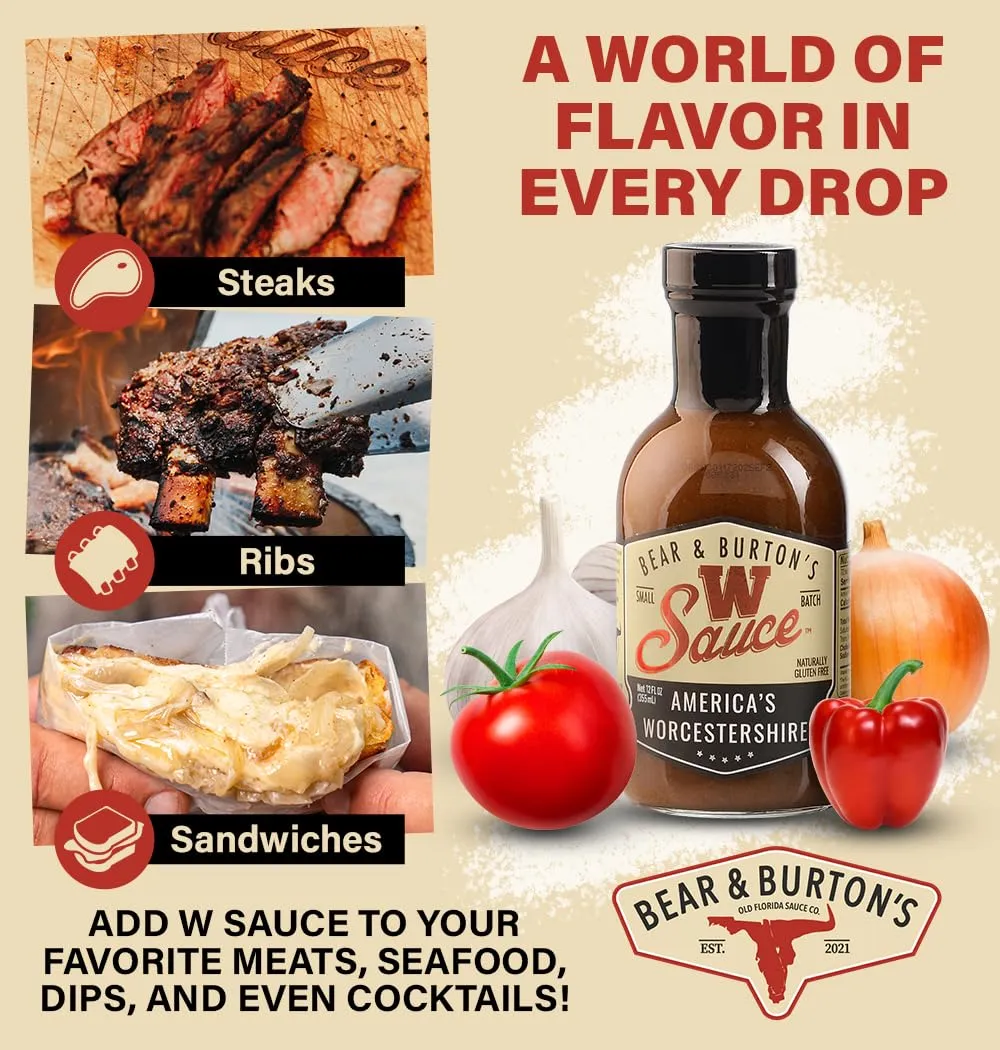 Bear and Burtons W Sauce | Distinctive Worcestershire Sauce Blend | Perfect for Steaks, Dressings & Marinades | 12 Oz - Pack of 2