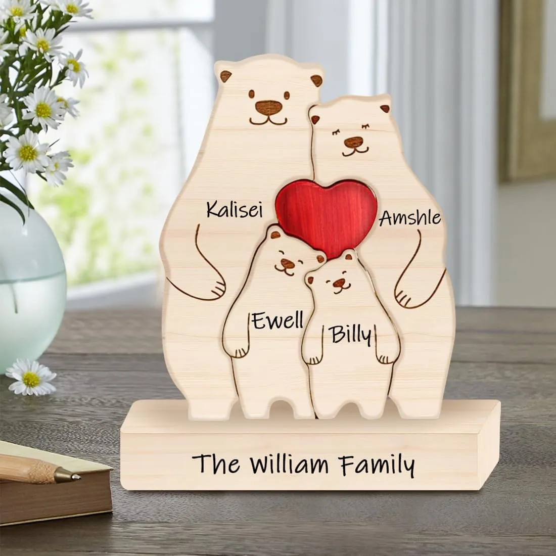 Bear Family Wooden Puzzle Decorative Signs, Bear Family Theme Art Puzzle Family Name Sculpture Wooden Sculpture, Mom Parents Home Decor Mothers Day Housewarming Gifts (Family of 3)