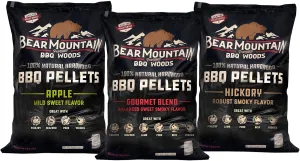 Bear Mountain 3-Pack Wood Pellets for Smoker, Grill & BBQ, 20 Lb, Apple, Hickory & Gourmet - Premium Hardwood Barbecue Pellets for Indoor and Outdoor Grilling