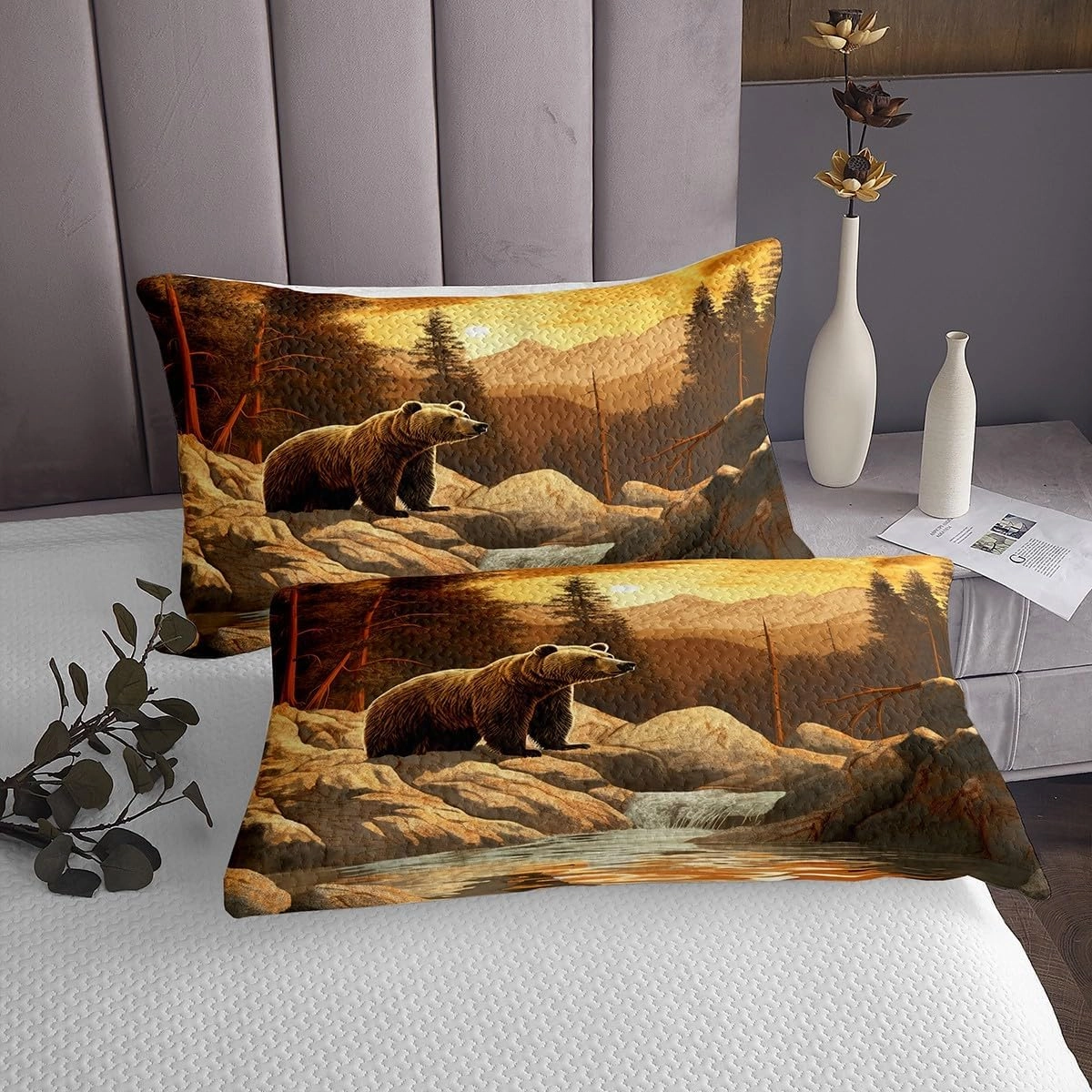 Bear Quilt Set Set King Size,Cabin Lodge Mountain Wildlife Bedspread Set for Men Women Adults,Rustic Brown Bear Bed Cover Jungle Stream River Print Coverlet Set Natural Landscape Home Bedroom Decor