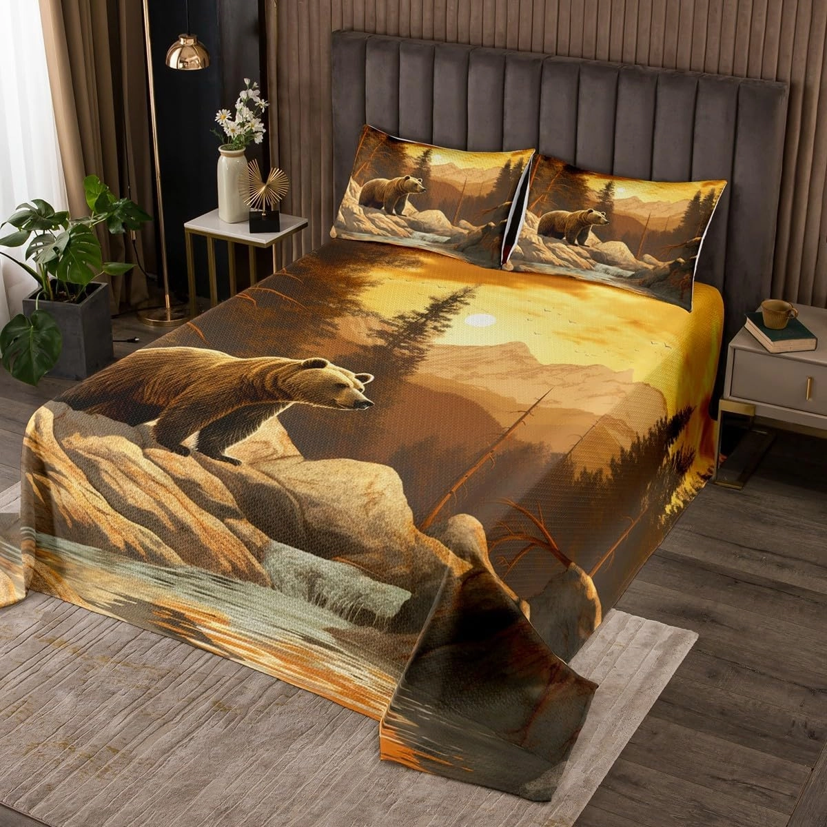 Bear Quilt Set Set King Size,Cabin Lodge Mountain Wildlife Bedspread Set for Men Women Adults,Rustic Brown Bear Bed Cover Jungle Stream River Print Coverlet Set Natural Landscape Home Bedroom Decor