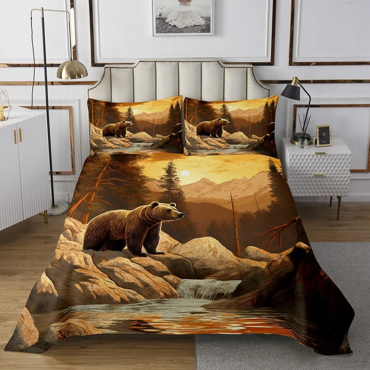 Bear Quilt Set Set King Size,Cabin Lodge Mountain Wildlife Bedspread Set for Men Women Adults,Rustic Brown Bear Bed Cover Jungle Stream River Print Coverlet Set Natural Landscape Home Bedroom Decor
