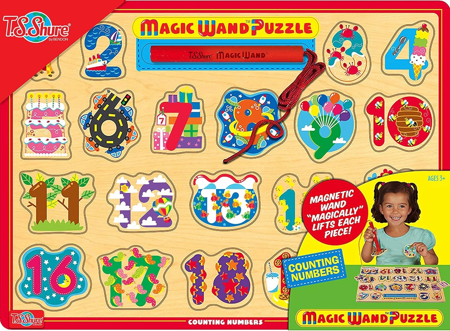 Bendon TS Shure Numbers Counting Educational Magic Wand Magnetic Puzzle with Wooden Tray and Magnetic Magic Wand Pre-School Kindergarten Learning 50478