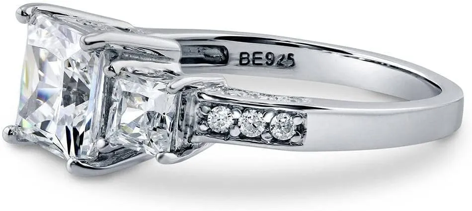 BERRICLE Sterling Silver 3-Stone Wedding Engagement Rings 2 Carat Princess Cut Cubic Zirconia CZ Ring for Women, Rhodium Plated Size 4-10