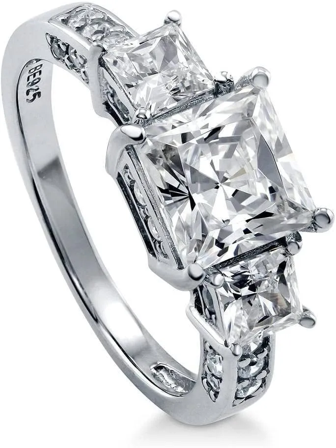 BERRICLE Sterling Silver 3-Stone Wedding Engagement Rings 2 Carat Princess Cut Cubic Zirconia CZ Ring for Women, Rhodium Plated Size 4-10