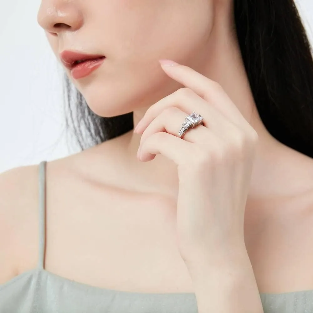 BERRICLE Sterling Silver 3-Stone Wedding Engagement Rings 2 Carat Princess Cut Cubic Zirconia CZ Ring for Women, Rhodium Plated Size 4-10