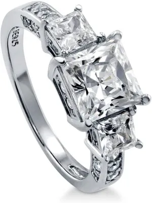 BERRICLE Sterling Silver 3-Stone Wedding Engagement Rings 2 Carat Princess Cut Cubic Zirconia CZ Ring for Women, Rhodium Plated Size 4-10