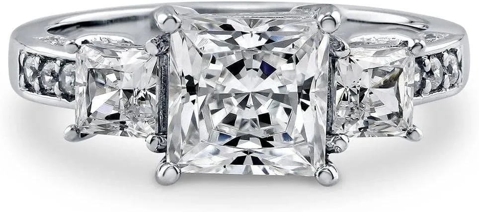 BERRICLE Sterling Silver 3-Stone Wedding Engagement Rings 2 Carat Princess Cut Cubic Zirconia CZ Ring for Women, Rhodium Plated Size 4-10