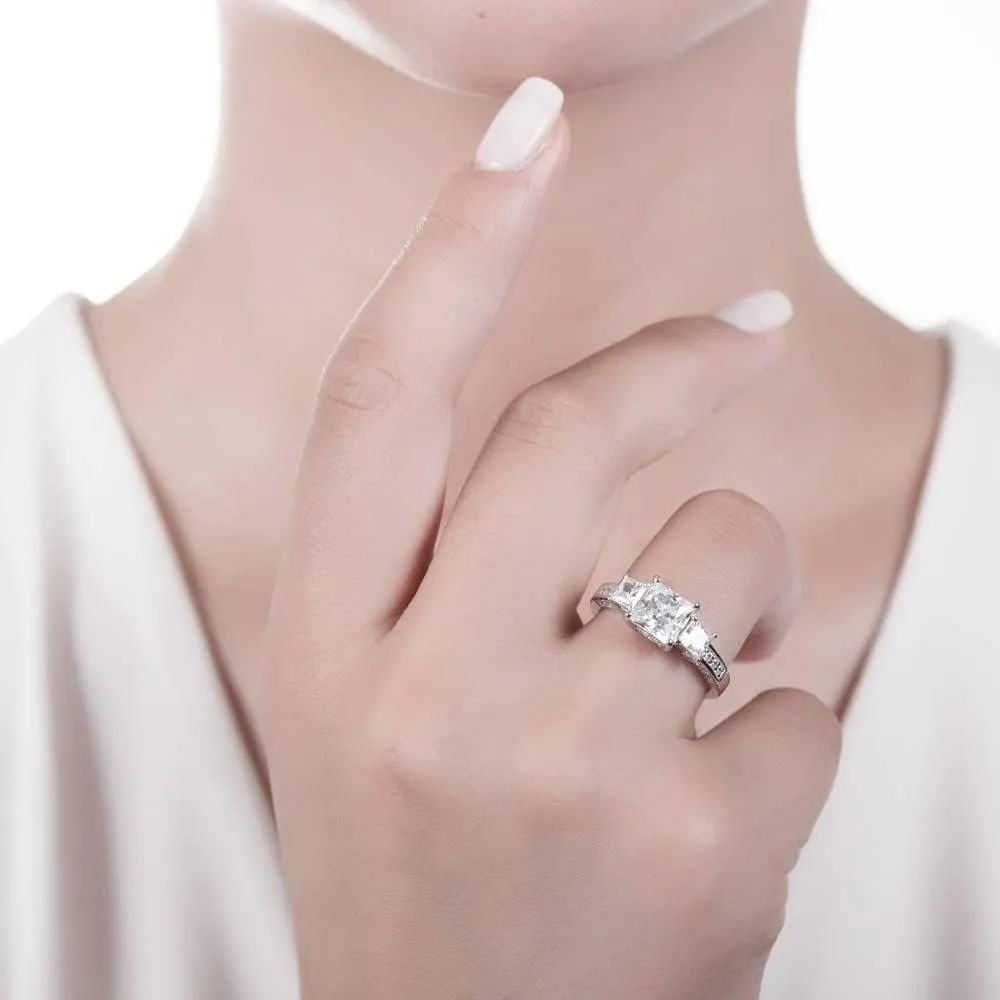 BERRICLE Sterling Silver 3-Stone Wedding Engagement Rings 2 Carat Princess Cut Cubic Zirconia CZ Ring for Women, Rhodium Plated Size 4-10