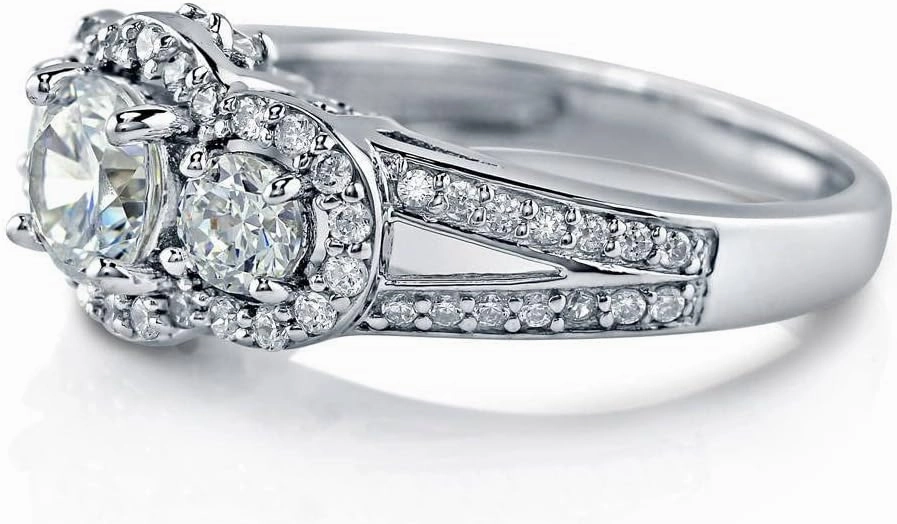BERRICLE Sterling Silver 3-Stone Wedding Engagement Rings 0.8 Carat Round Cut Cubic Zirconia CZ Split Shank Ring for Women, Rhodium Plated Size 4-10
