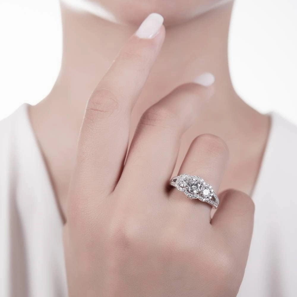 BERRICLE Sterling Silver 3-Stone Wedding Engagement Rings 0.8 Carat Round Cut Cubic Zirconia CZ Split Shank Ring for Women, Rhodium Plated Size 4-10
