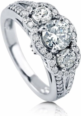 BERRICLE Sterling Silver 3-Stone Wedding Engagement Rings 0.8 Carat Round Cut Cubic Zirconia CZ Split Shank Ring for Women, Rhodium Plated Size 4-10