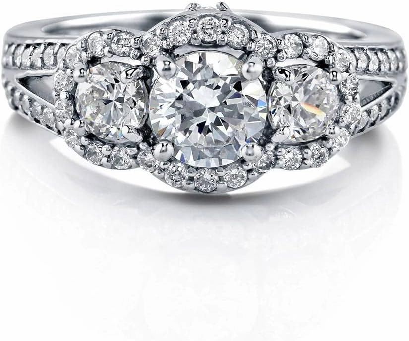 BERRICLE Sterling Silver 3-Stone Wedding Engagement Rings 0.8 Carat Round Cut Cubic Zirconia CZ Split Shank Ring for Women, Rhodium Plated Size 4-10