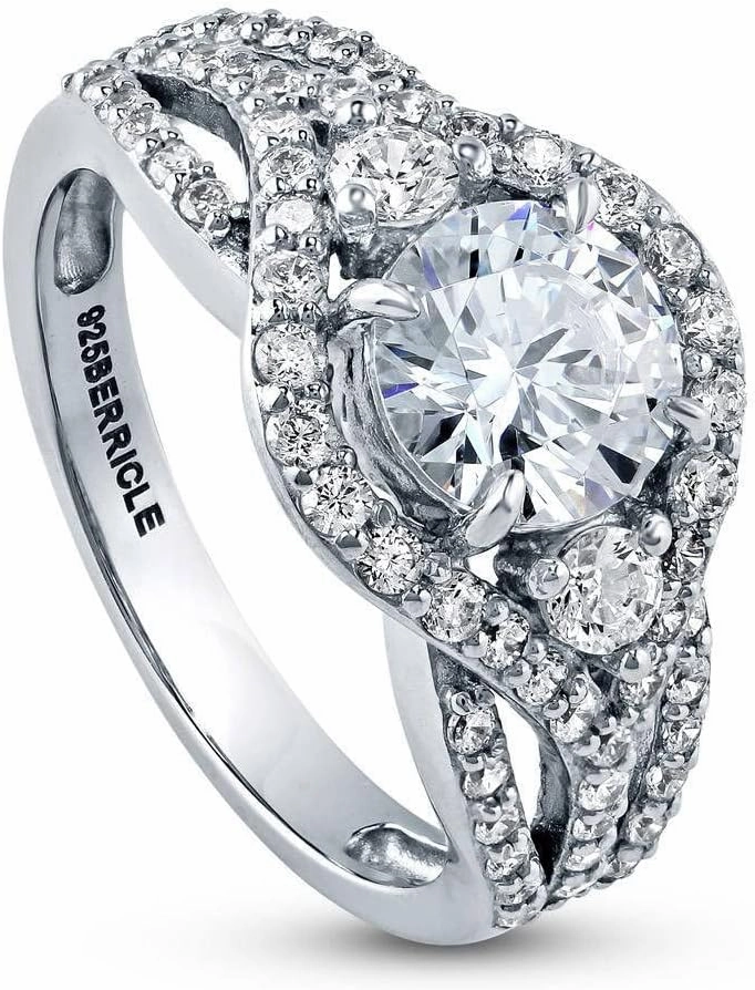 BERRICLE Sterling Silver 3-Stone Wedding Engagement Rings 1.25 Carat Round Cut Cubic Zirconia CZ Ring for Women, Rhodium Plated Size 4-10