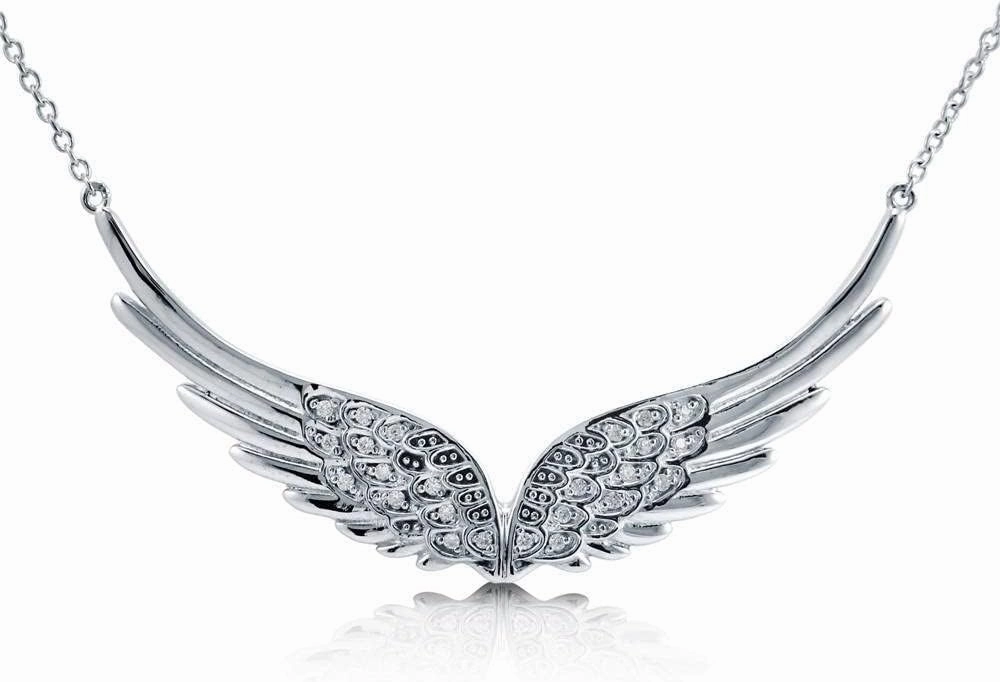BERRICLE Sterling Silver Angel Wings Cubic Zirconia CZ Fashion Pendant Necklace for Women, Rhodium Plated 14.5 inch