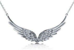 BERRICLE Sterling Silver Angel Wings Cubic Zirconia CZ Fashion Pendant Necklace for Women, Rhodium Plated 14.5 inch
