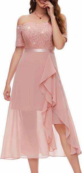 BeryLove Women Sequin Formal Party Dress Off Shoulder Wedding Cocktail Midi Evening Dress
