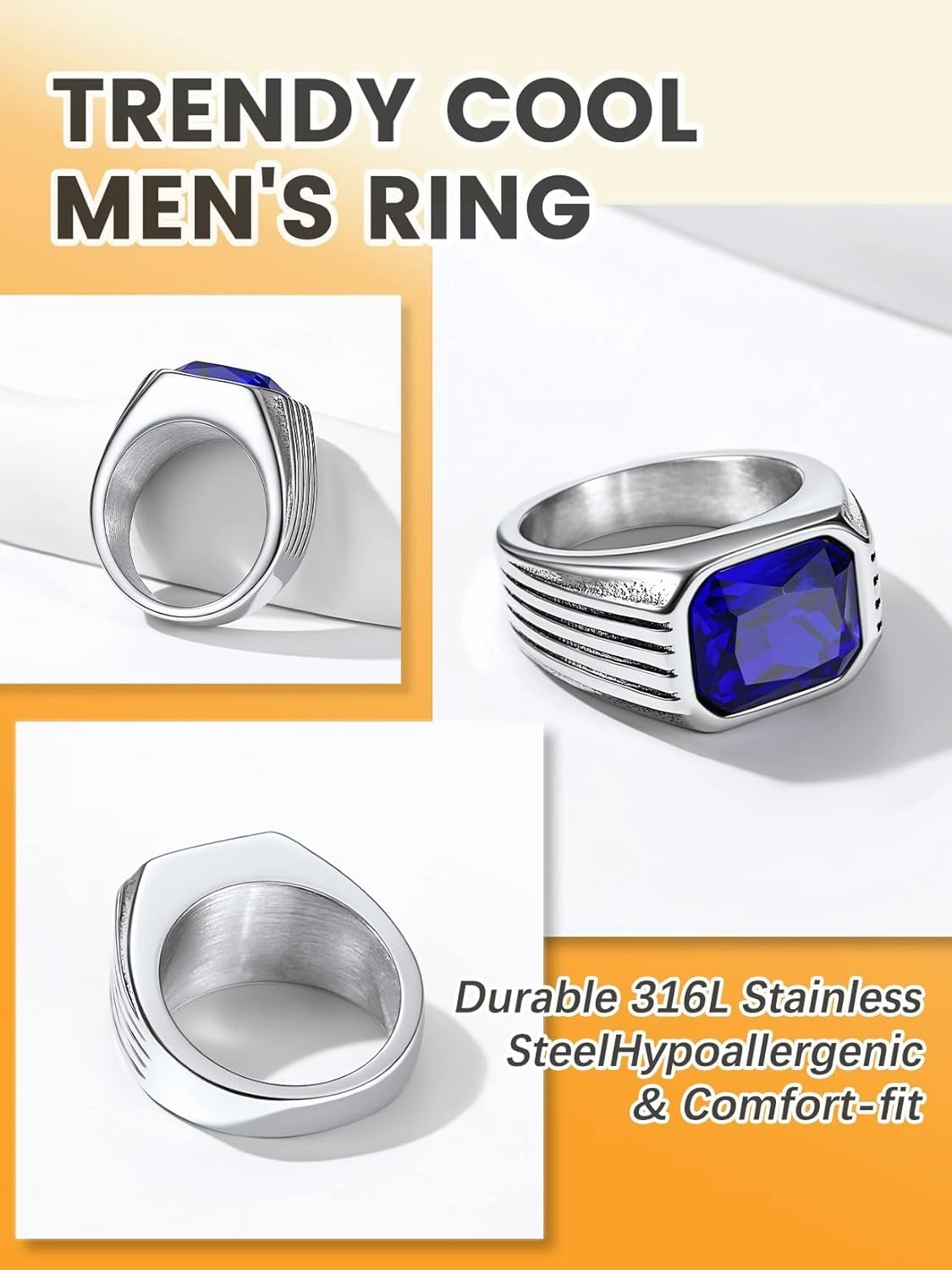 Bestyle Chunky Signet Ring for Men, Stainless Steel/Black Ring Synthetic Gemstone Band Ring Biker Ring for Men, Thumb Pinky Ring Mens Fashion Ring Jewelry Size 7-14, Gift Package