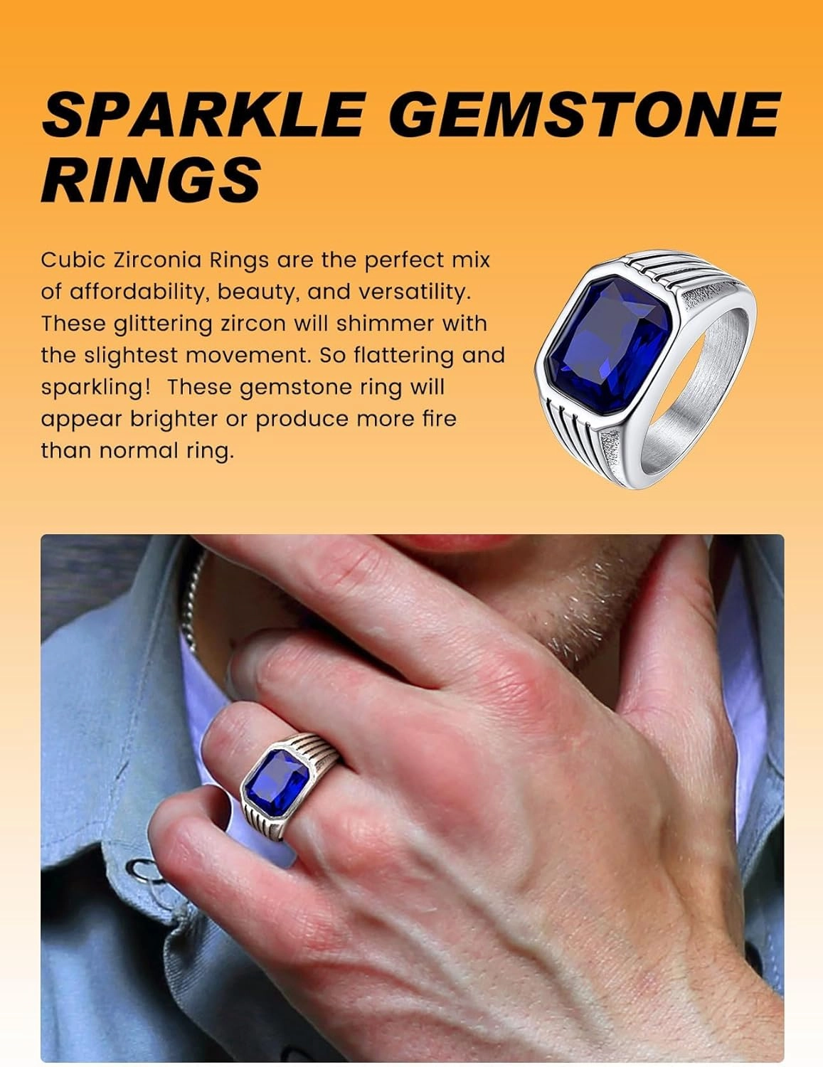Bestyle Chunky Signet Ring for Men, Stainless Steel/Black Ring Synthetic Gemstone Band Ring Biker Ring for Men, Thumb Pinky Ring Mens Fashion Ring Jewelry Size 7-14, Gift Package