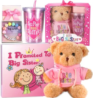 Big Sister Gifts for Girls, 6-in-1 Gift Set to Celebrate Little Girls Promoted to Sister, Ideal for Baby Shower & Hospital Visit, Includes Big Sister Book, Teddy Bear, Bracelet, Drinking Cup & Straw