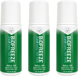 Biofreeze Roll On Pain Relief for Knee, Neck, Hip, Joint, Shoulder, & Simple Backache, Arthritis Pain Reliever, Sore Muscle Relief, Roll On Menthol Gel 3 Fl Oz (Pack of 3)