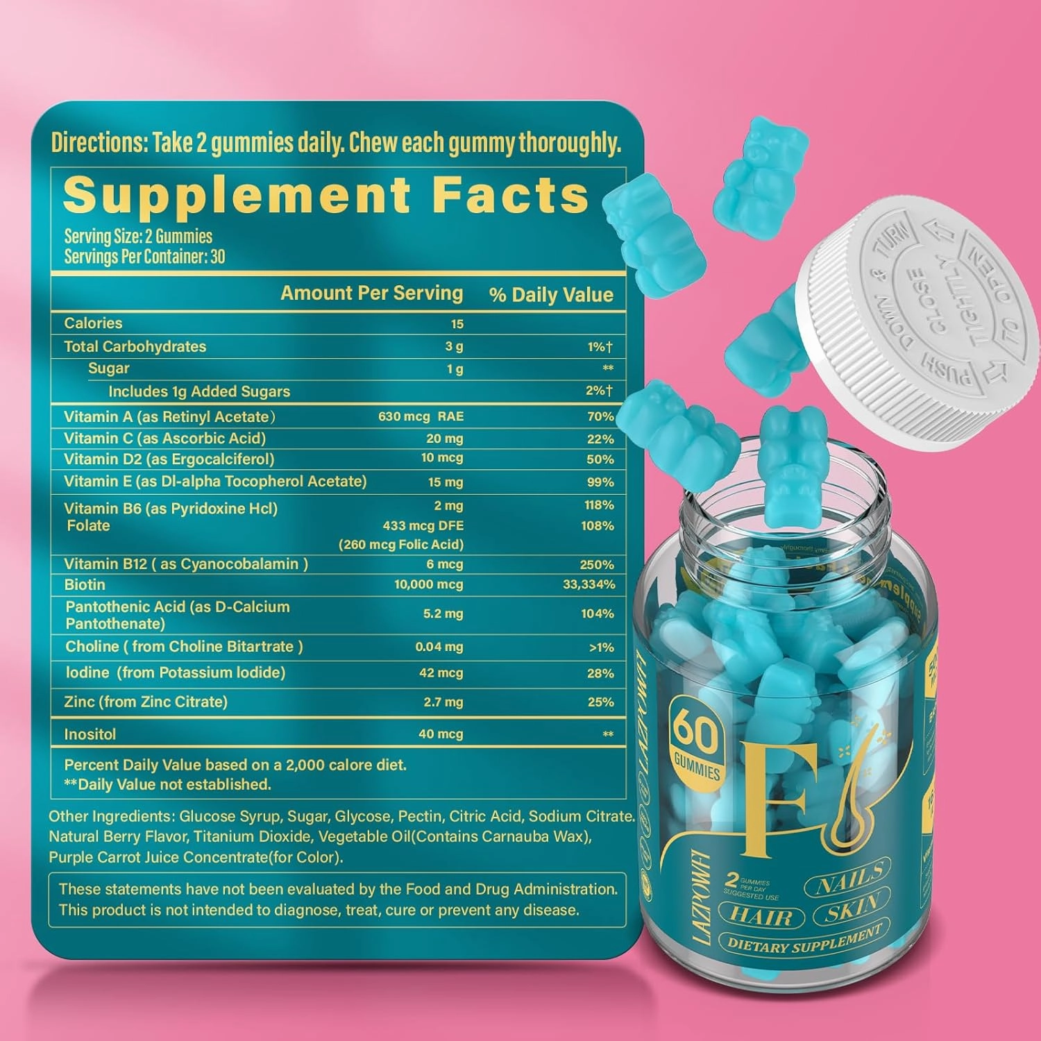 Biotin Gummies -Hair Skin and Nails Vitamins for Men & Women, Vegan Vitamin B7, Supports Hair Growth and Stronger Nails,30 Day Supply - Blueberry-60 Counts