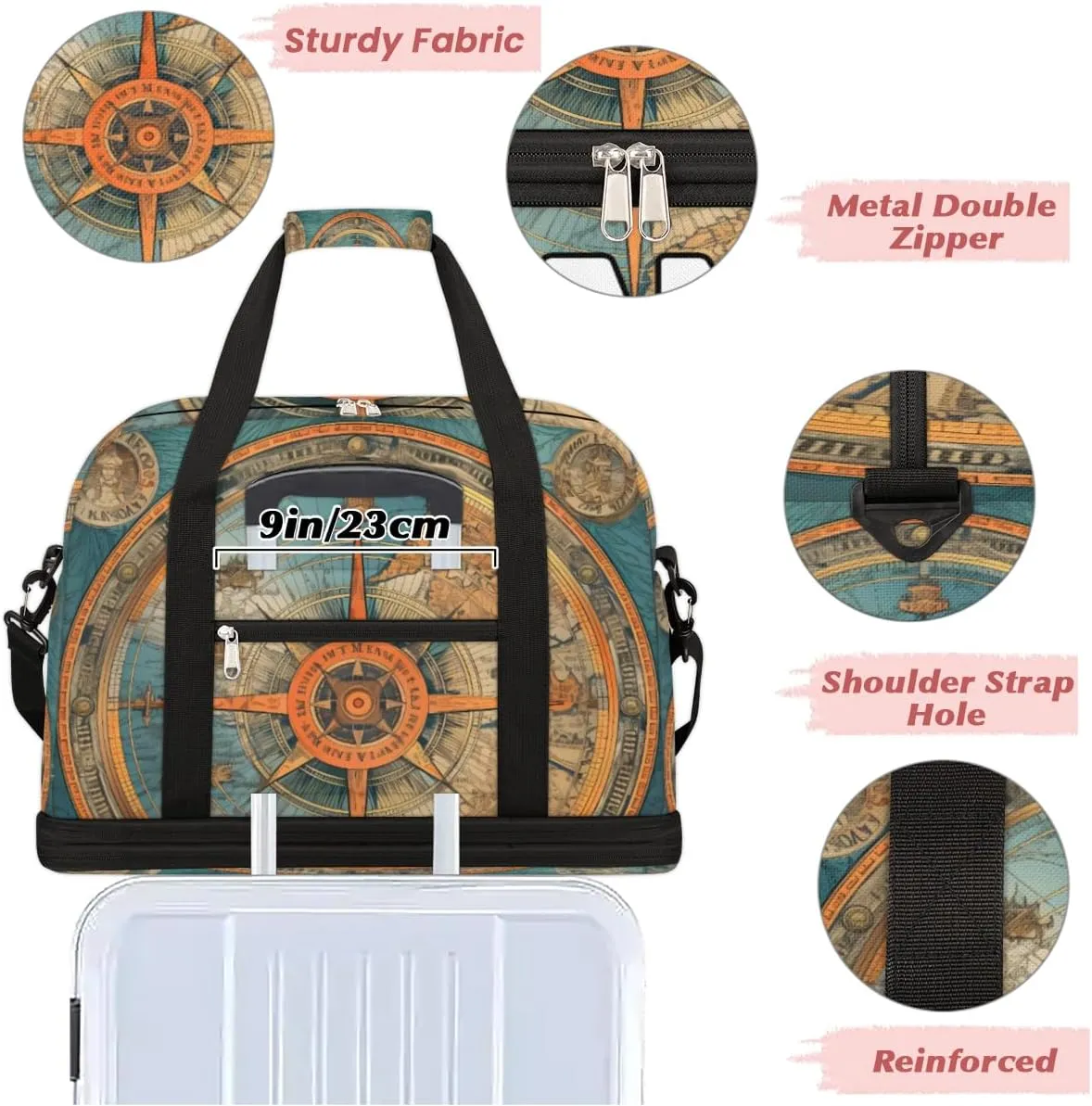 Blue Compass Painted Custom Foldable Duffle Bag with Shoes Compartment Personalized Large Capacity Waterproof Travel Weekender Bag Overnight Bag for Sports Gym