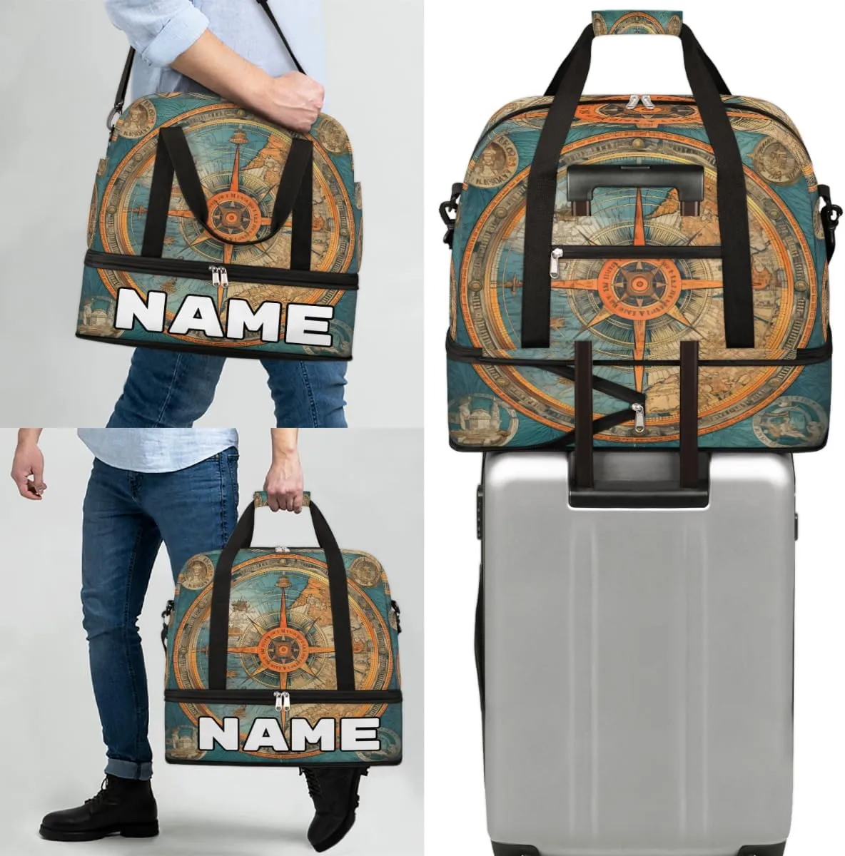 Blue Compass Painted Custom Foldable Duffle Bag with Shoes Compartment Personalized Large Capacity Waterproof Travel Weekender Bag Overnight Bag for Sports Gym