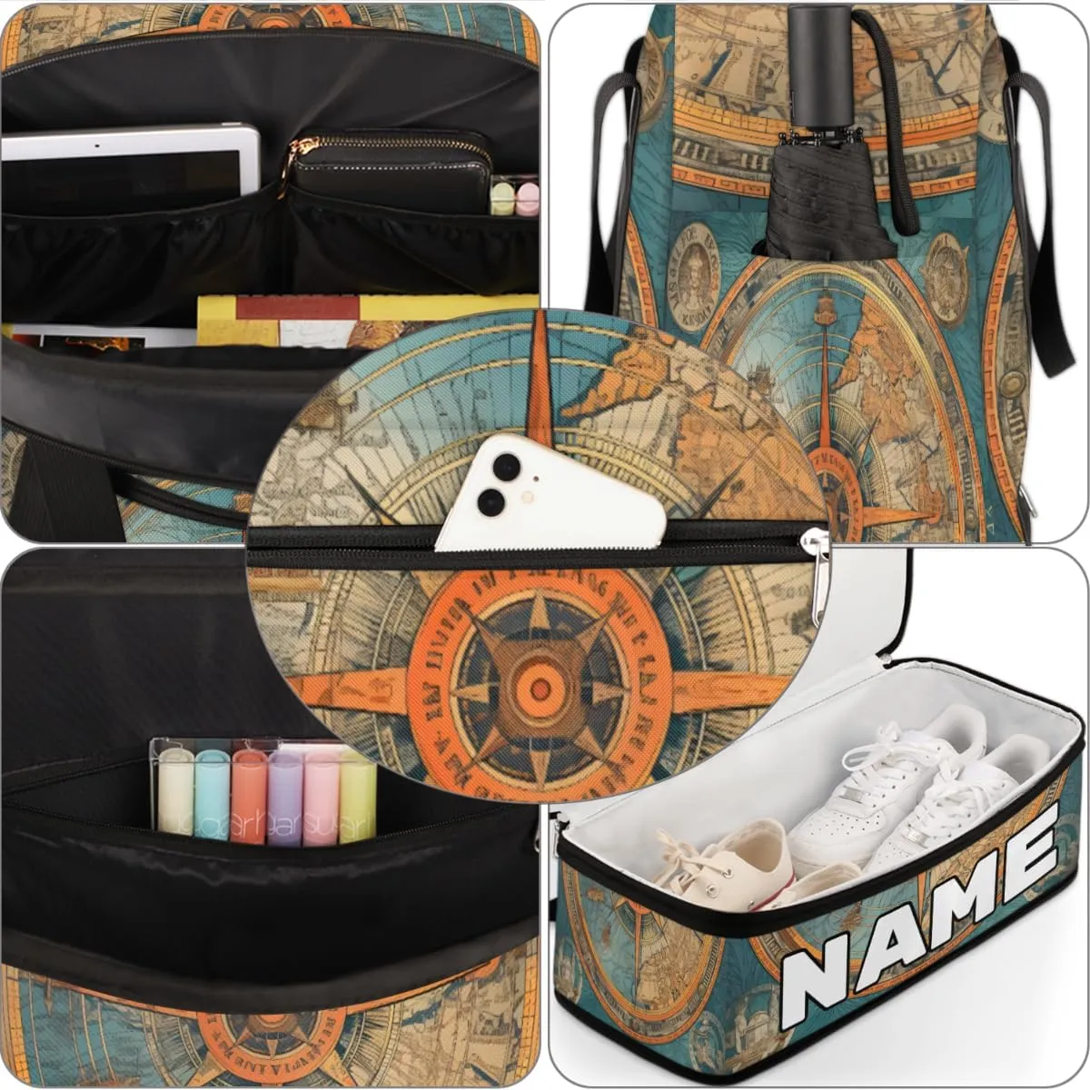 Blue Compass Painted Custom Foldable Duffle Bag with Shoes Compartment Personalized Large Capacity Waterproof Travel Weekender Bag Overnight Bag for Sports Gym