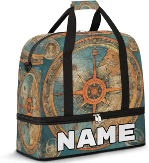 Blue Compass Painted Custom Foldable Duffle Bag with Shoes Compartment Personalized Large Capacity Waterproof Travel Weekender Bag Overnight Bag for Sports Gym