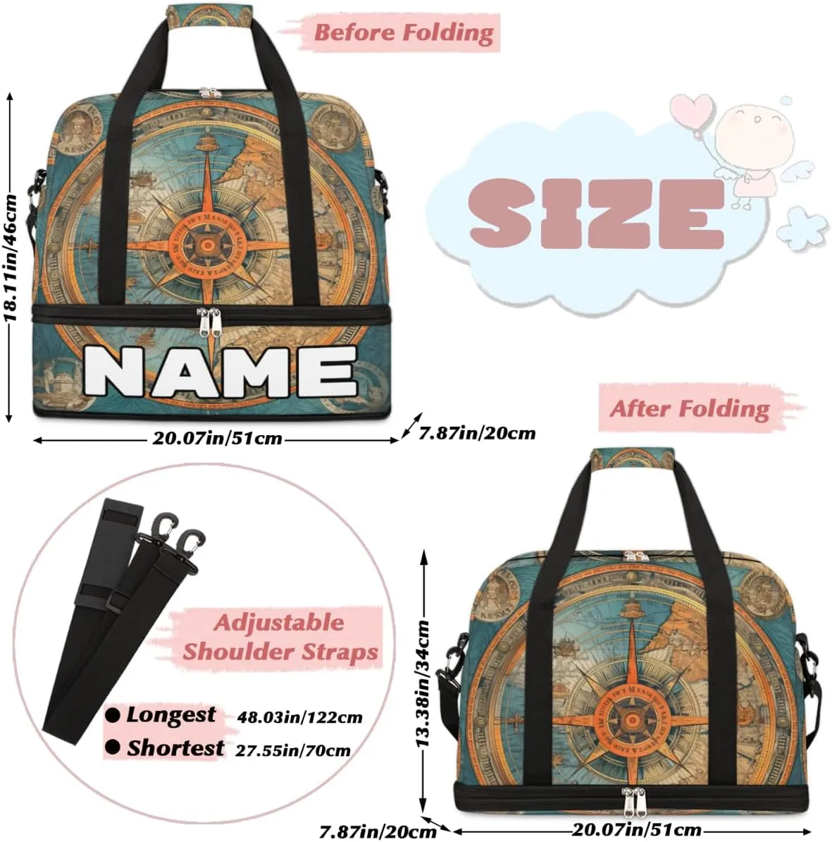 Blue Compass Painted Custom Foldable Duffle Bag with Shoes Compartment Personalized Large Capacity Waterproof Travel Weekender Bag Overnight Bag for Sports Gym