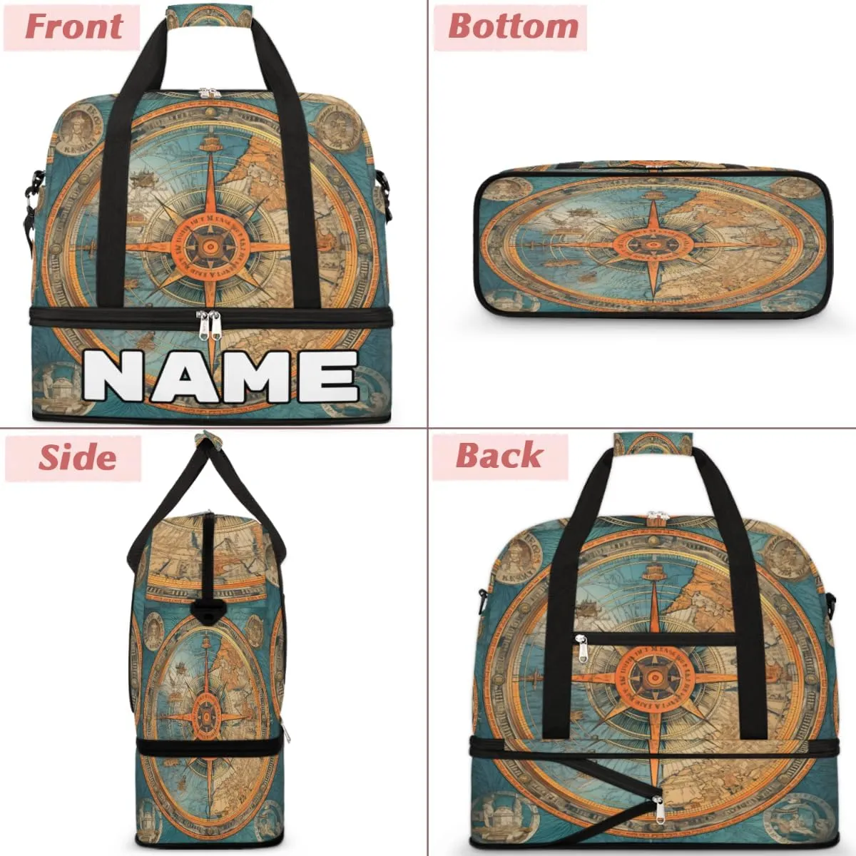 Blue Compass Painted Custom Foldable Duffle Bag with Shoes Compartment Personalized Large Capacity Waterproof Travel Weekender Bag Overnight Bag for Sports Gym